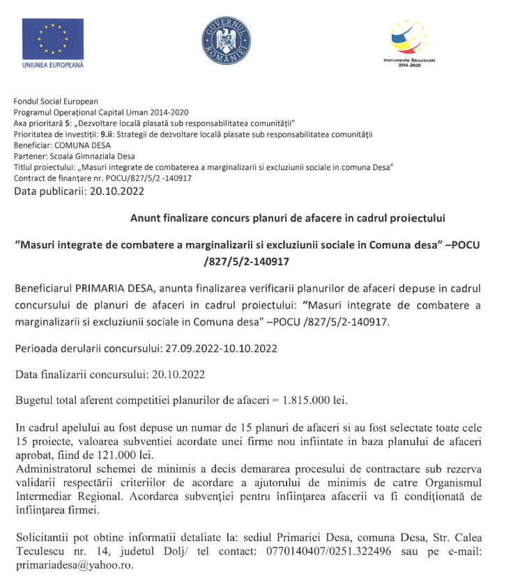 finalizare concurs afacere
